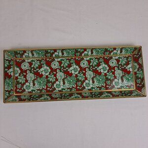 Rectangular Glass Vanity Tray Red Green White Floral Pattern & Gold Metal Trim